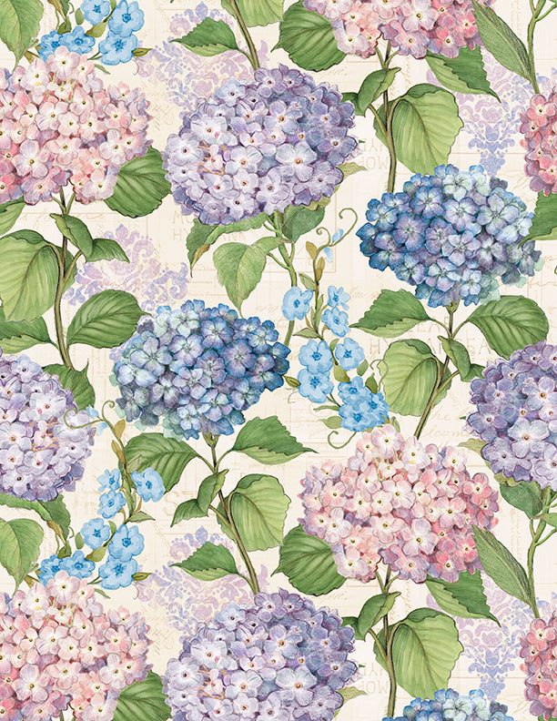 Hydrangea Mist - Hydrangeas on Cream Yardage