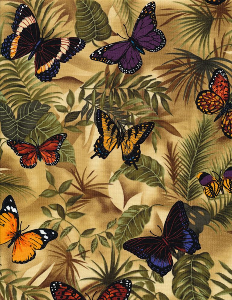 Butterfly Garden - Butterflies on Leaves Yardage