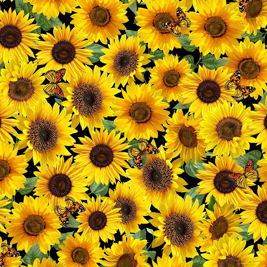 Advice From A Sunflower - Packed Sunflowers And Butterflies Yardage