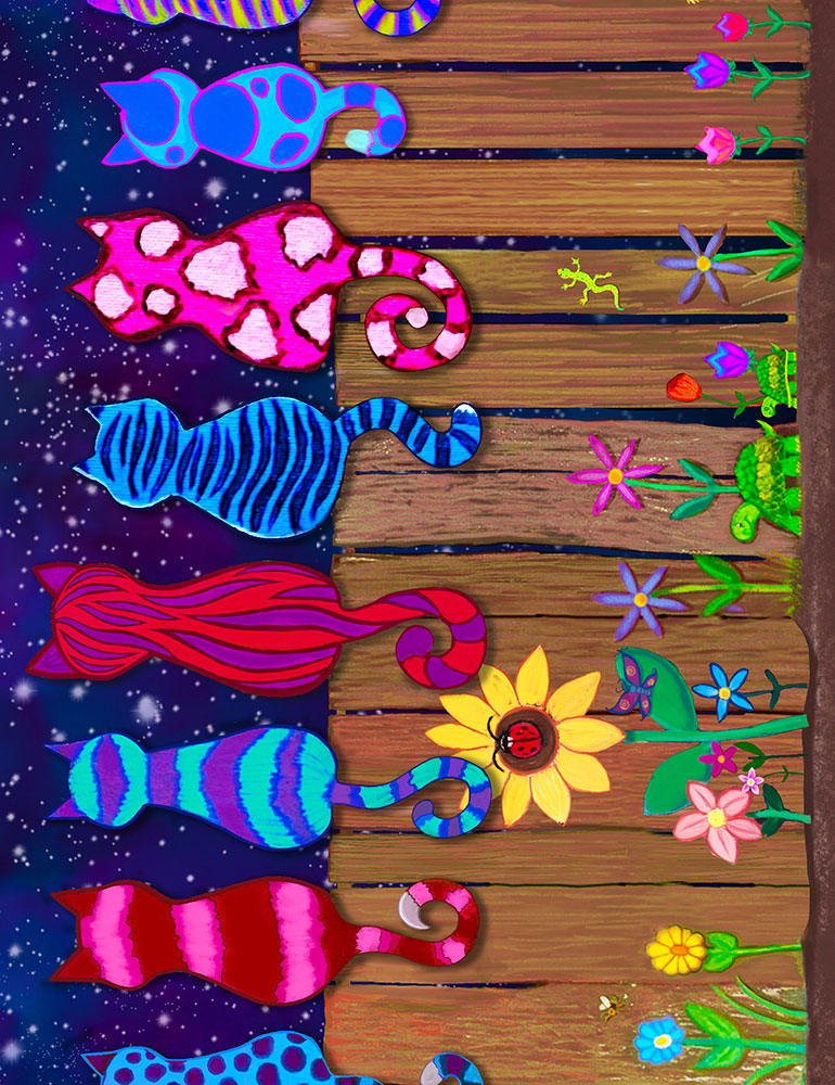 Star Gazing - Colorful Cats On A Fence 11" Stripe Yardage