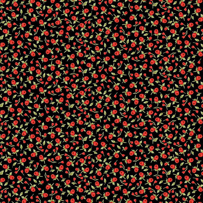 Vintage Rose - Tiny Cute Roses On Black Yardage