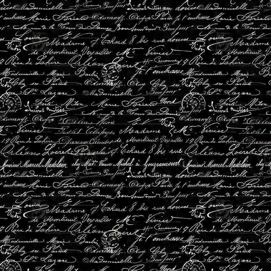 Vintage Rose - Handwriting Text Black Yardage