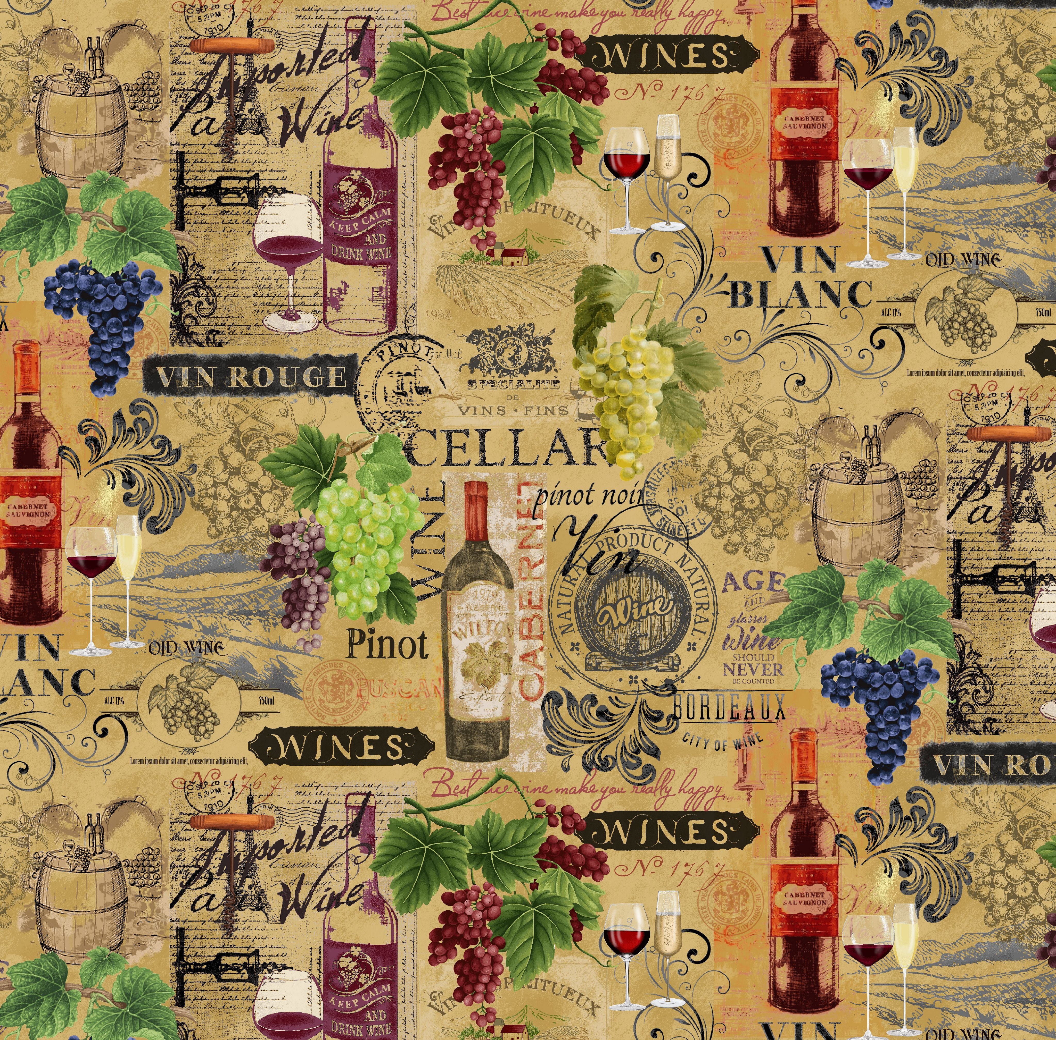 Wine Country - Vintage Wine And Grape On Text Yardage