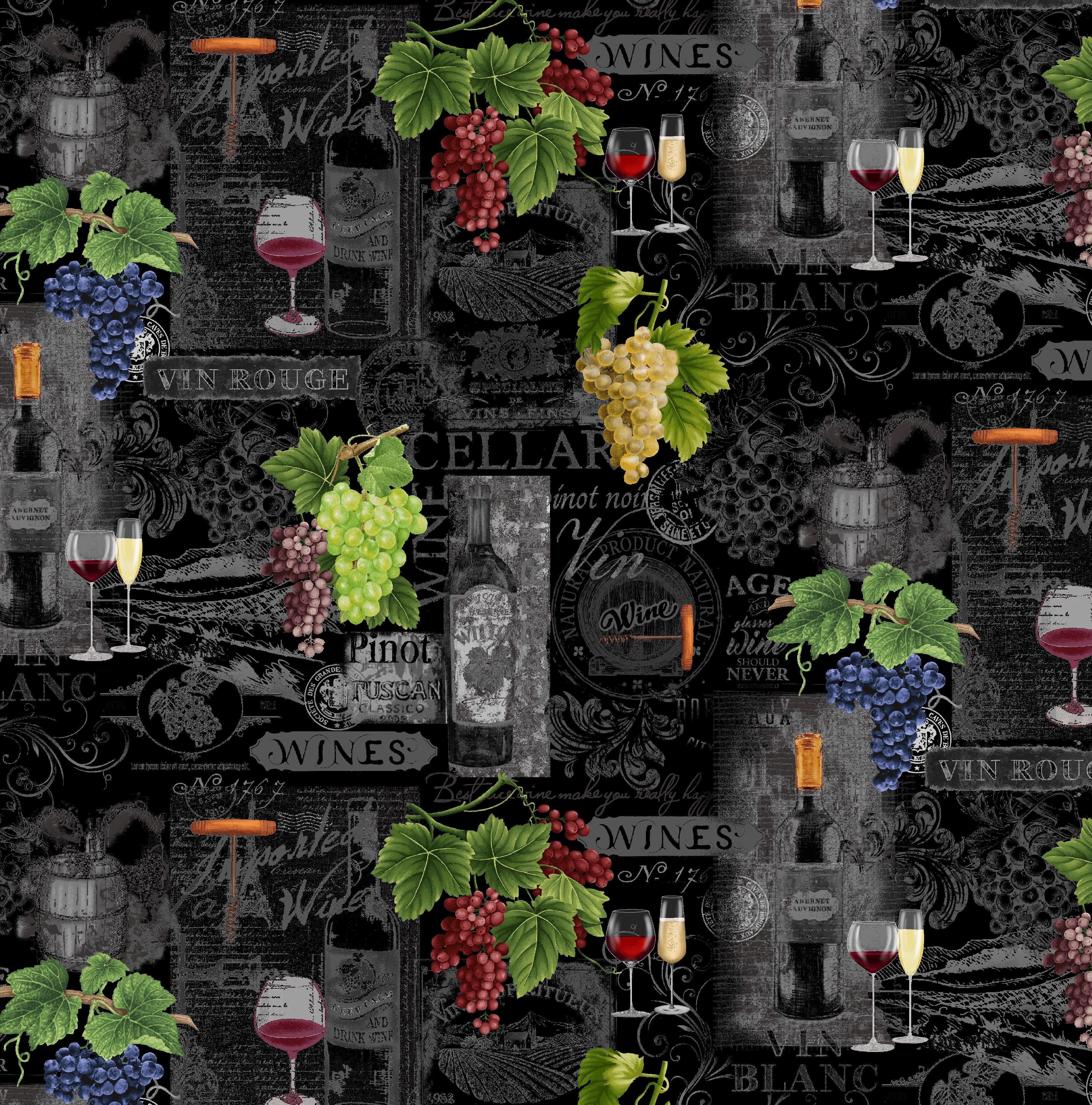 Wine Tasting - Wine Chalkboard Black Yardage