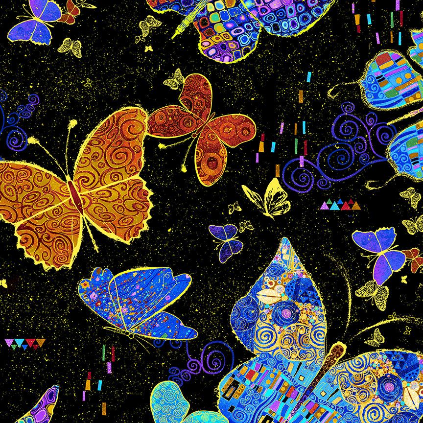 Wings Of Gold - Large Flying Metallic Butterflies Yardage