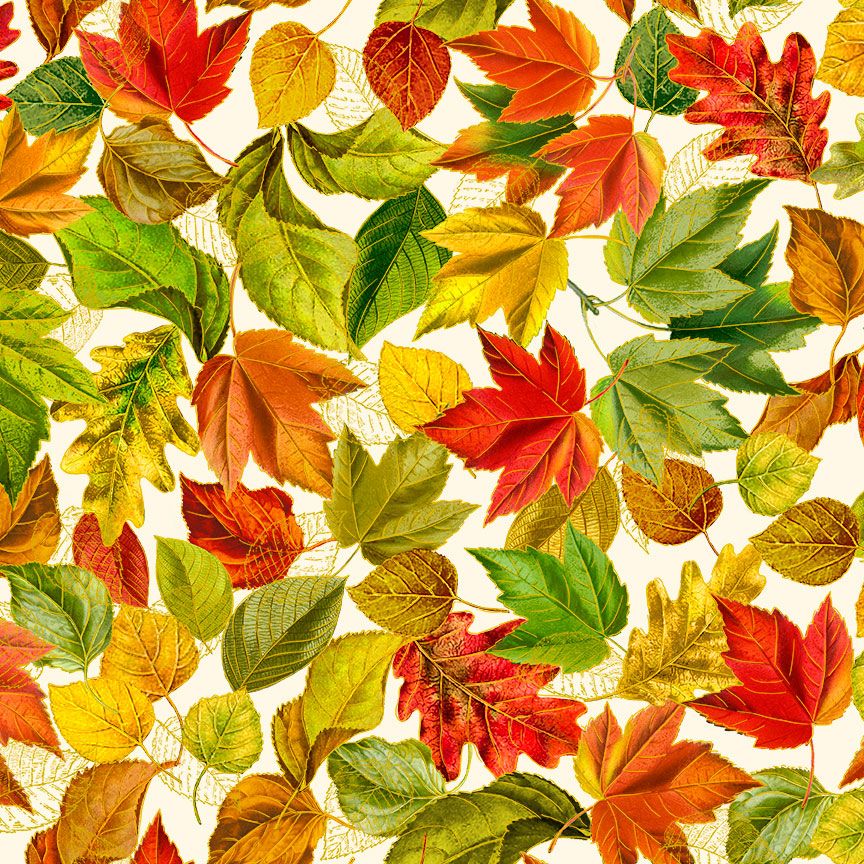 Fall is in the Air - Metallic Fall Leaves Cream Yardage