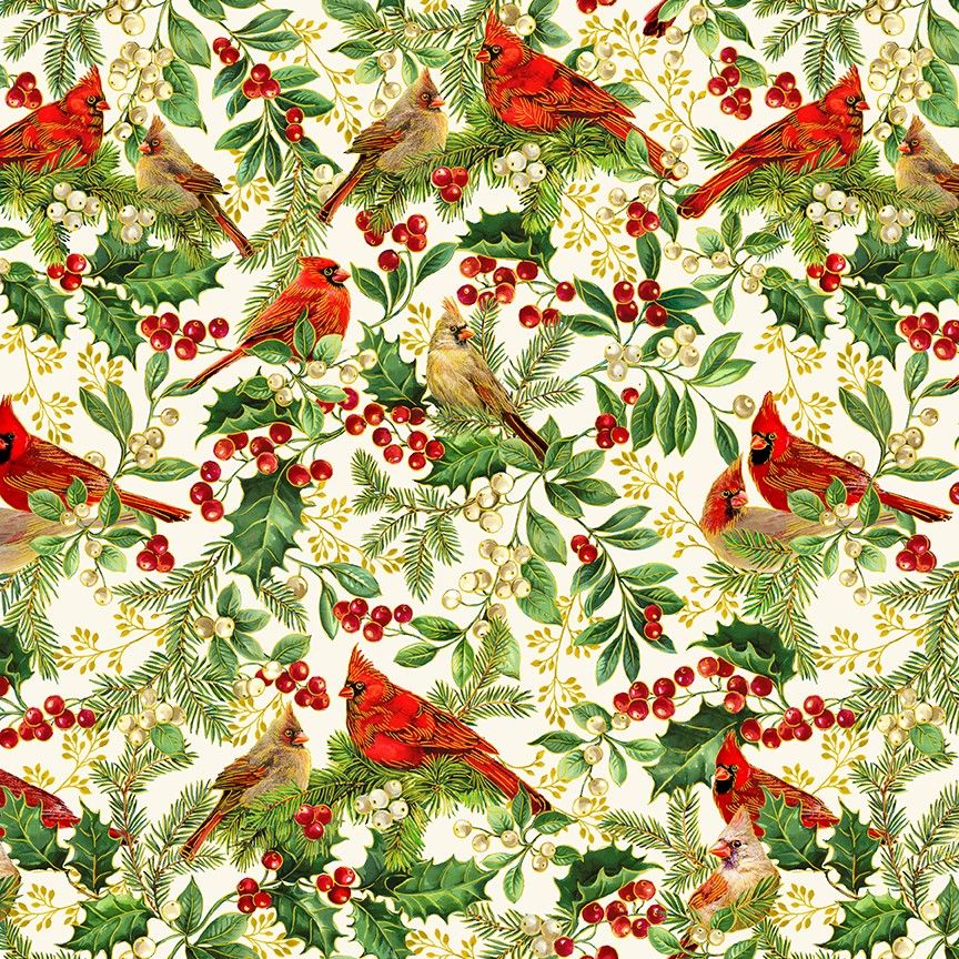 Deck The Halls - Christmas Magic - Cardinal On Branches Cream Metallic Yardage