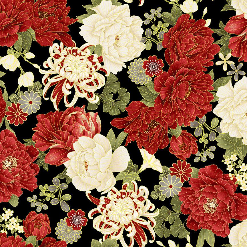 Kyoto Garden - Large Metallic Asian Florals Yardage