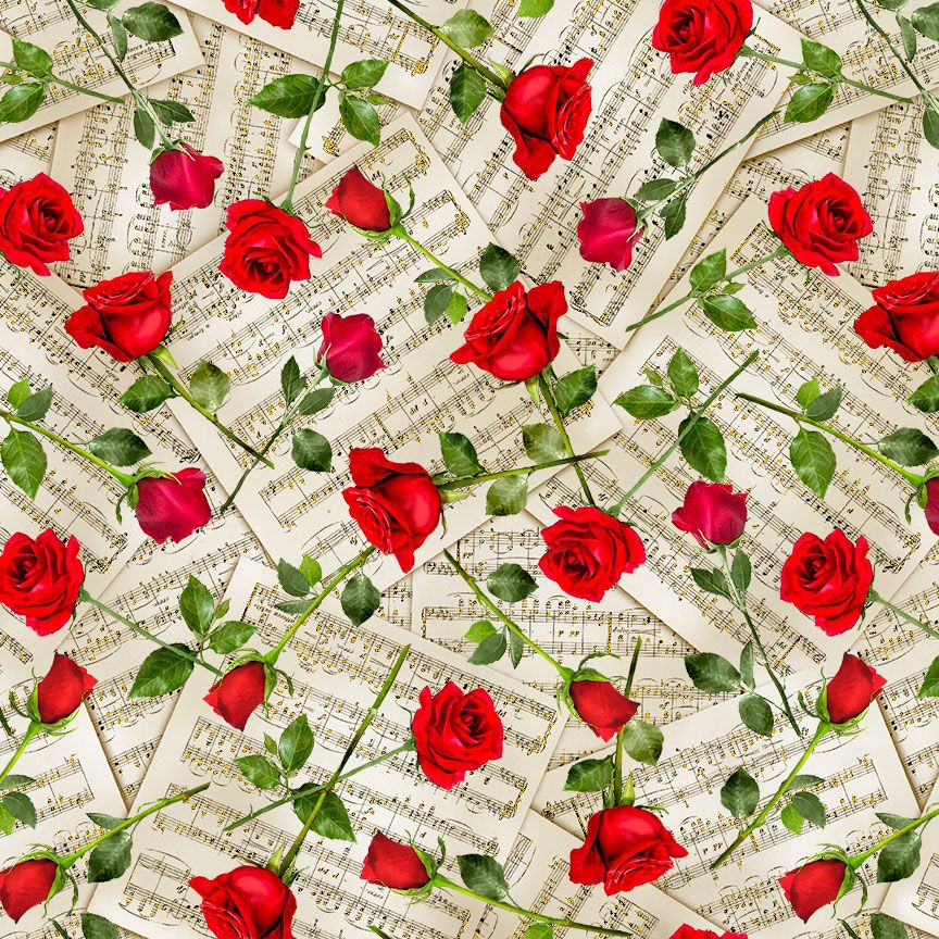 Classical Music - Roses on Music Sheets Metallic Yardage