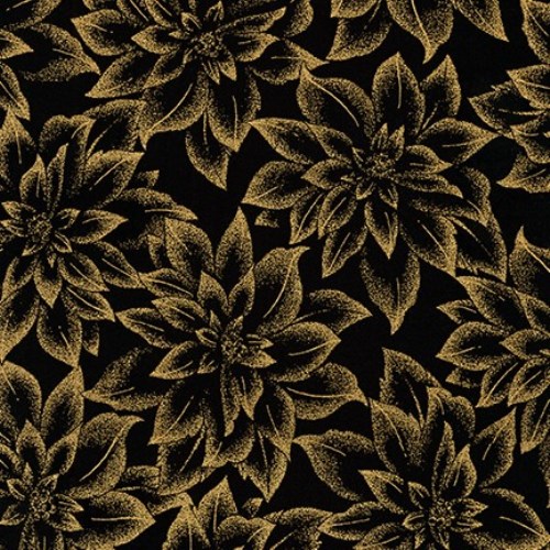 Fat Quarter - Holiday Flourish 12 - Gold Metallic Poinsettias on Black