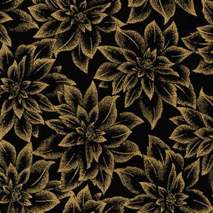 Fat Quarter - Holiday Flourish 12 - Gold Metallic Poinsettias on Black