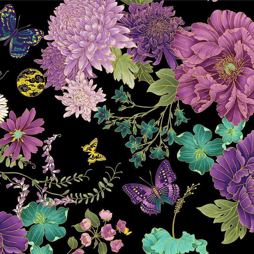 Shizuka - Asian Floral And Butterflies Metallic Yardage