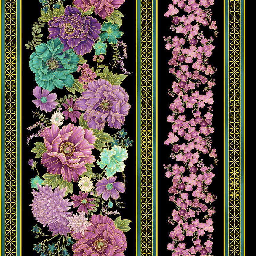 Shizuka - Asian Floral 11 inch Stripe Metallic Yardage