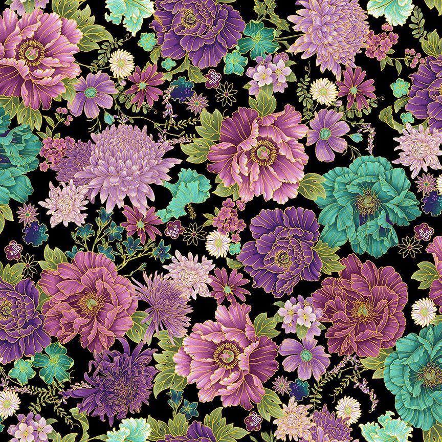 Shizuka - Packed Asian Floral Metallic Yardage
