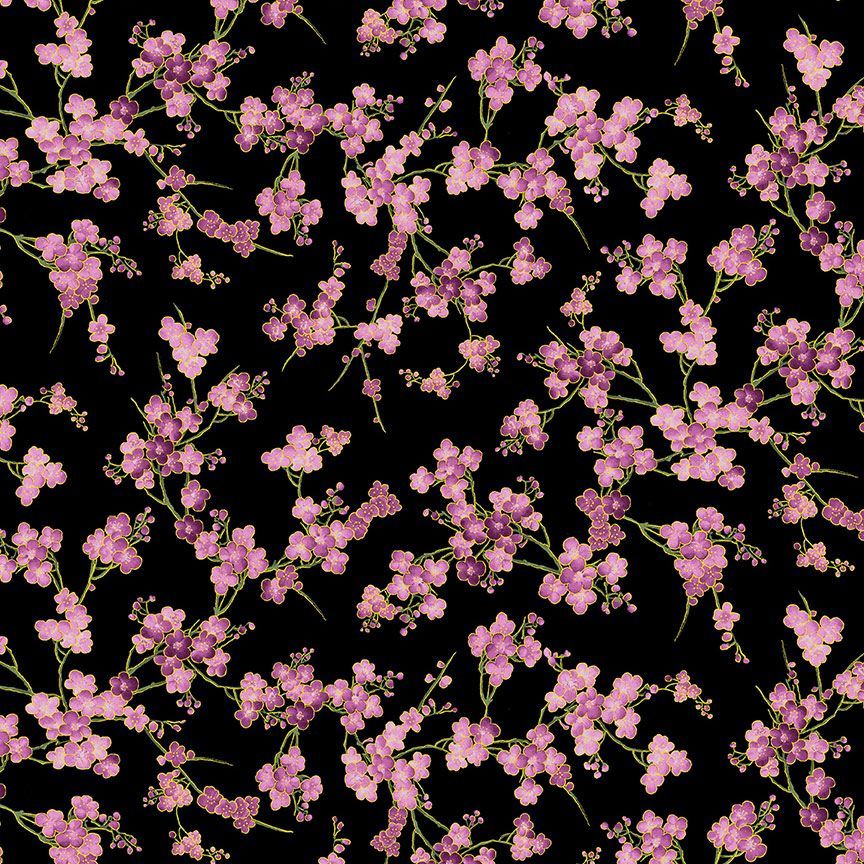 Shizuka - Cherry Blossom Branches Metallic Yardage