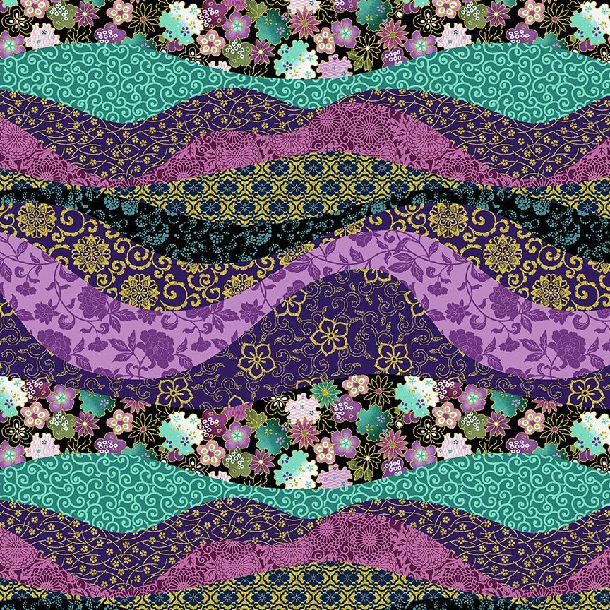 Shizuka - Asian Collage Stripe Metallic Yardage