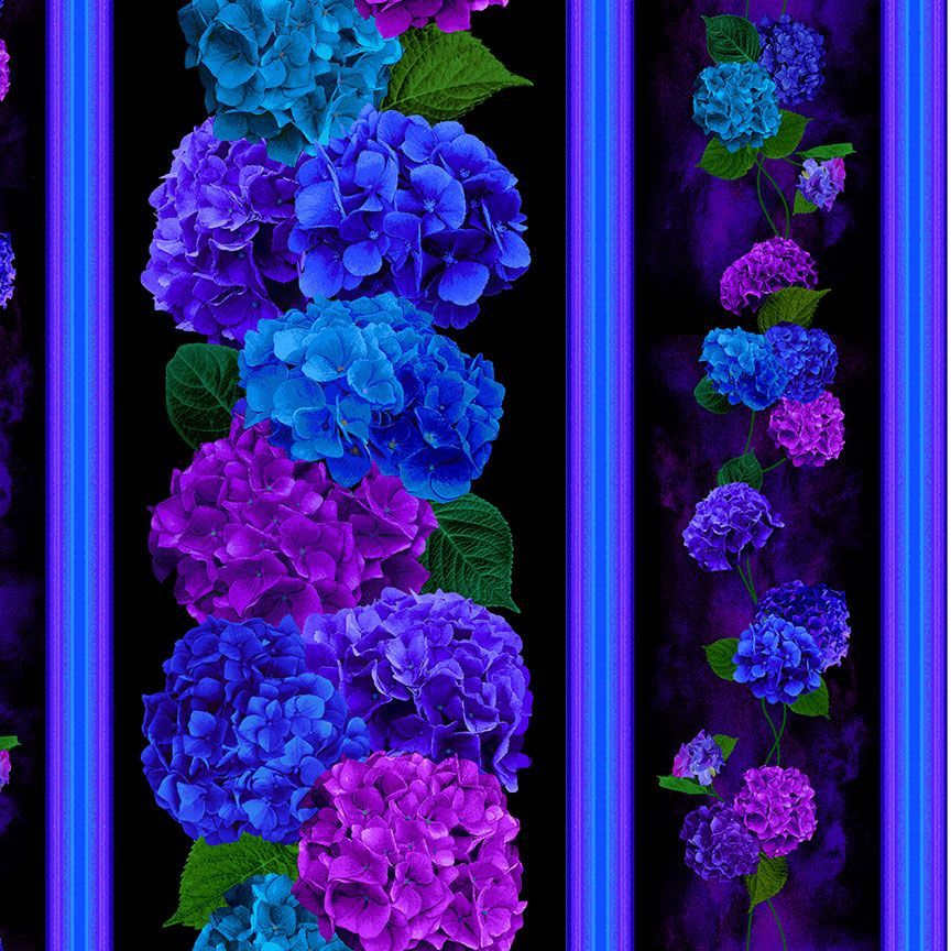 Midnight Bloom - Hydrangea Floral 11 inch Stripe Yardage