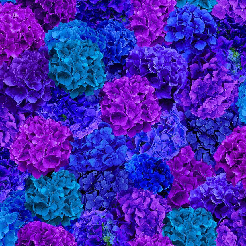 Midnight Bloom - Packed Hydrangea Floral Yardage