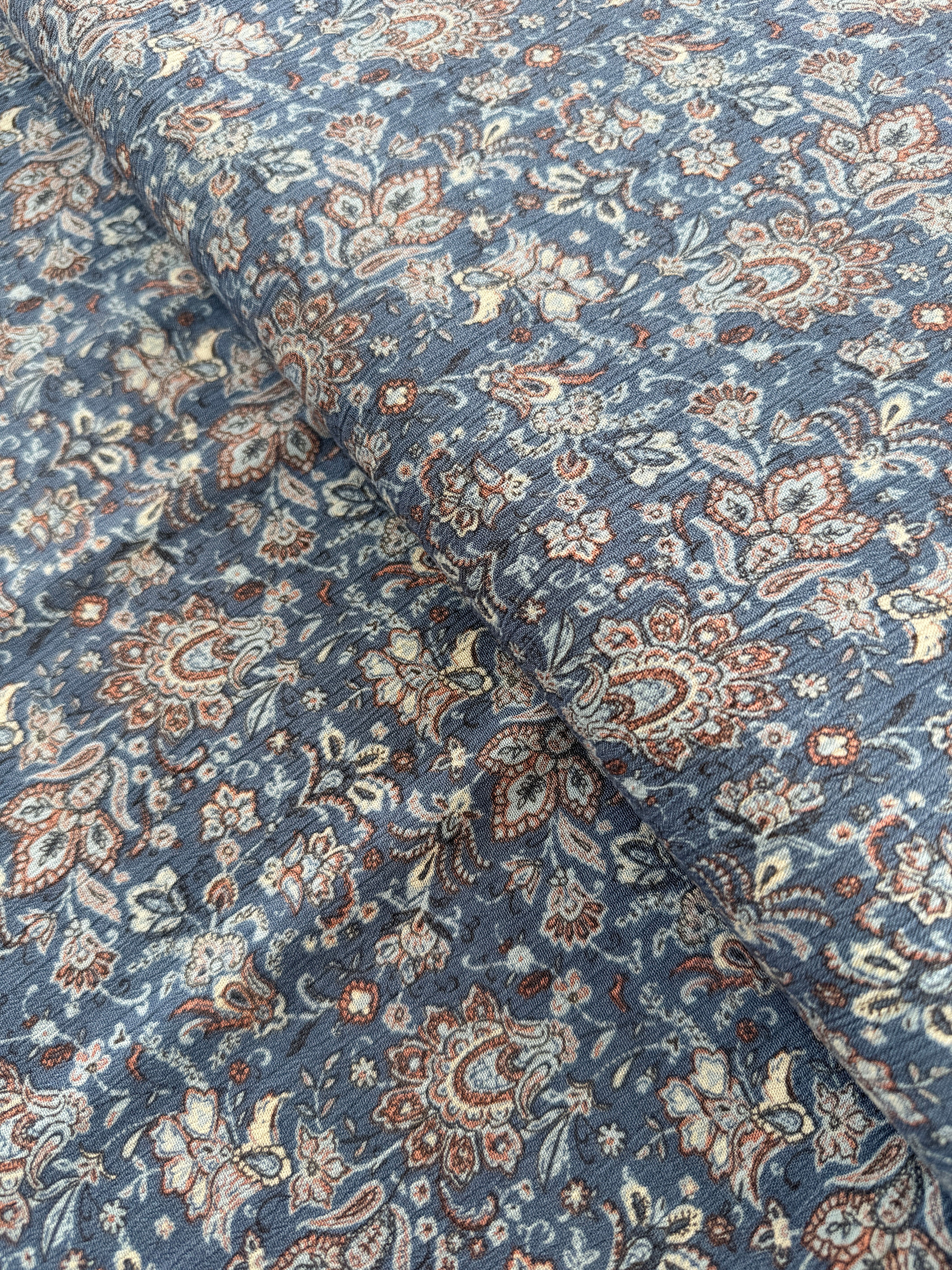 Rayon Crinkle - Florals Paisley Blue Yardage