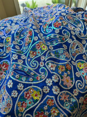 Blue Paisley Embroidered Crepe Silk Fabric