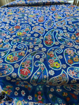 Blue Paisley Embroidered Crepe Silk Fabric