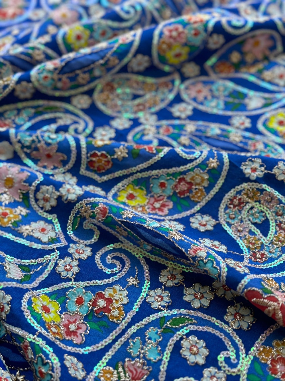 Blue Paisley Embroidered Crepe Silk Fabric