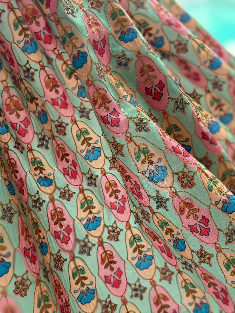 Floral Printed Artificial Raw Silk with Gold Thread Embroidery