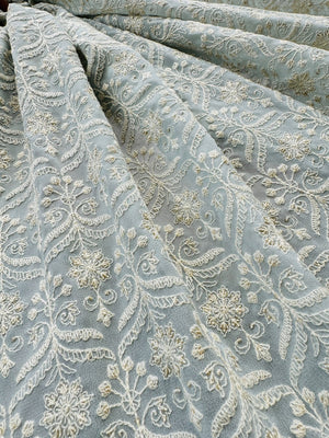 Light Grey Embroidered Georgette Fabric - Lucknowi Work