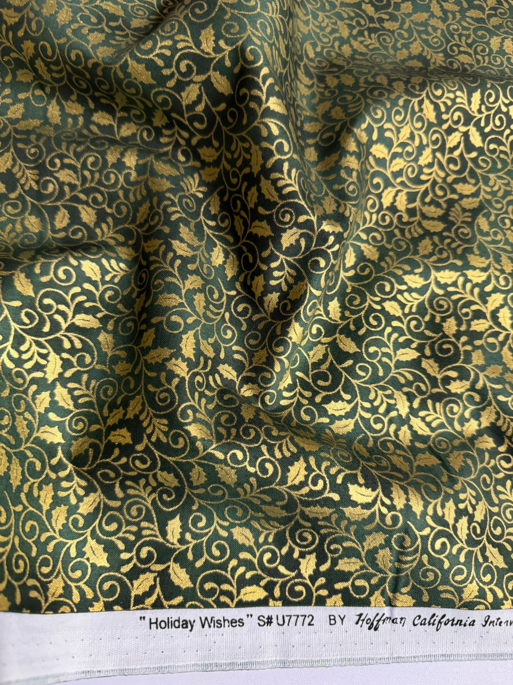 Holiday Wishes - Mistletoe Scroll Hunter/Gold Metallic Yardage