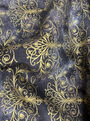 Floral Impressions - Washed Tonal Filigree Faded Dark Gray Gold Metallic Yardage