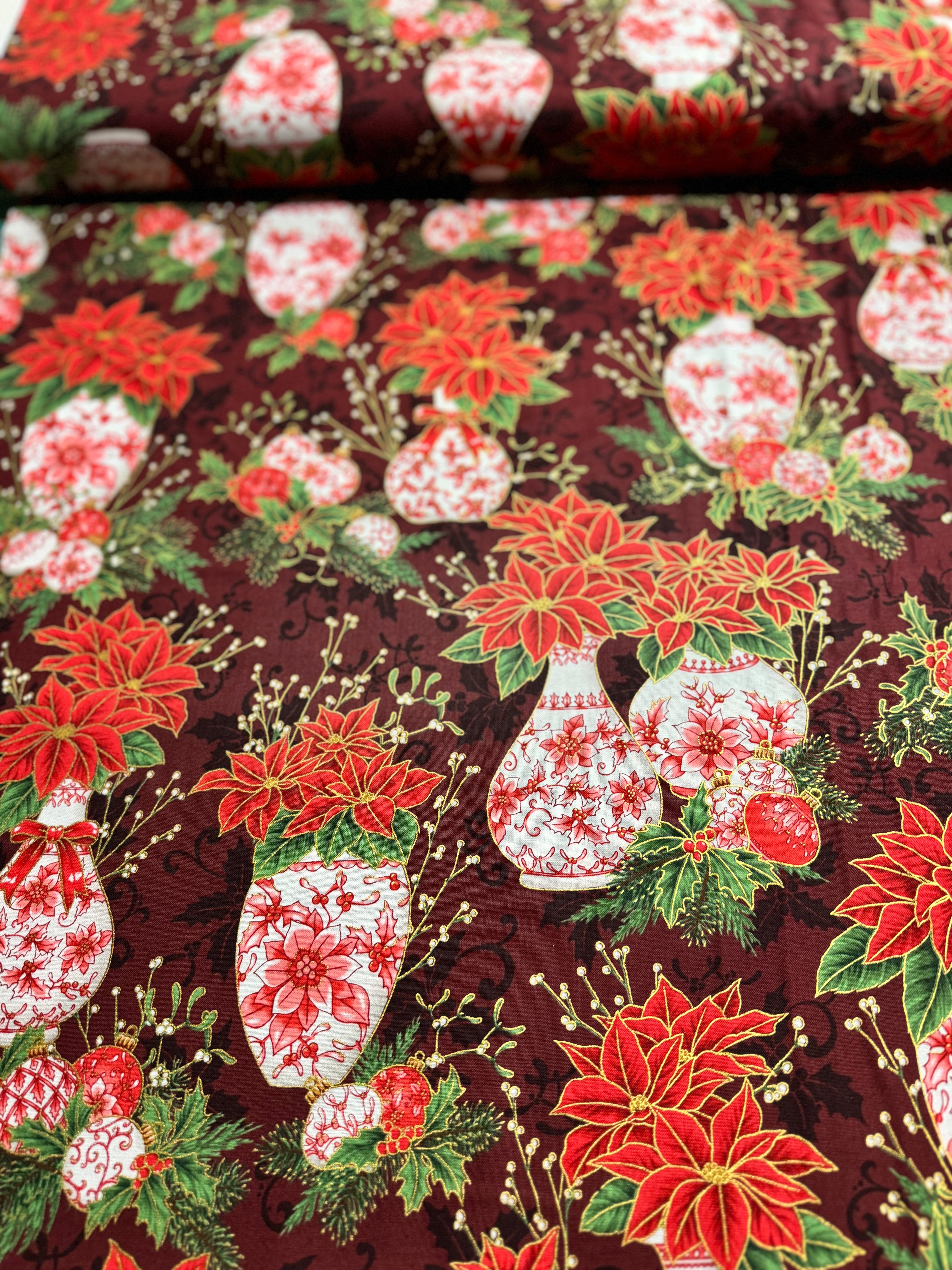 Holiday Flourish - Festive Finery - Vases Cranberry Gold Yardage