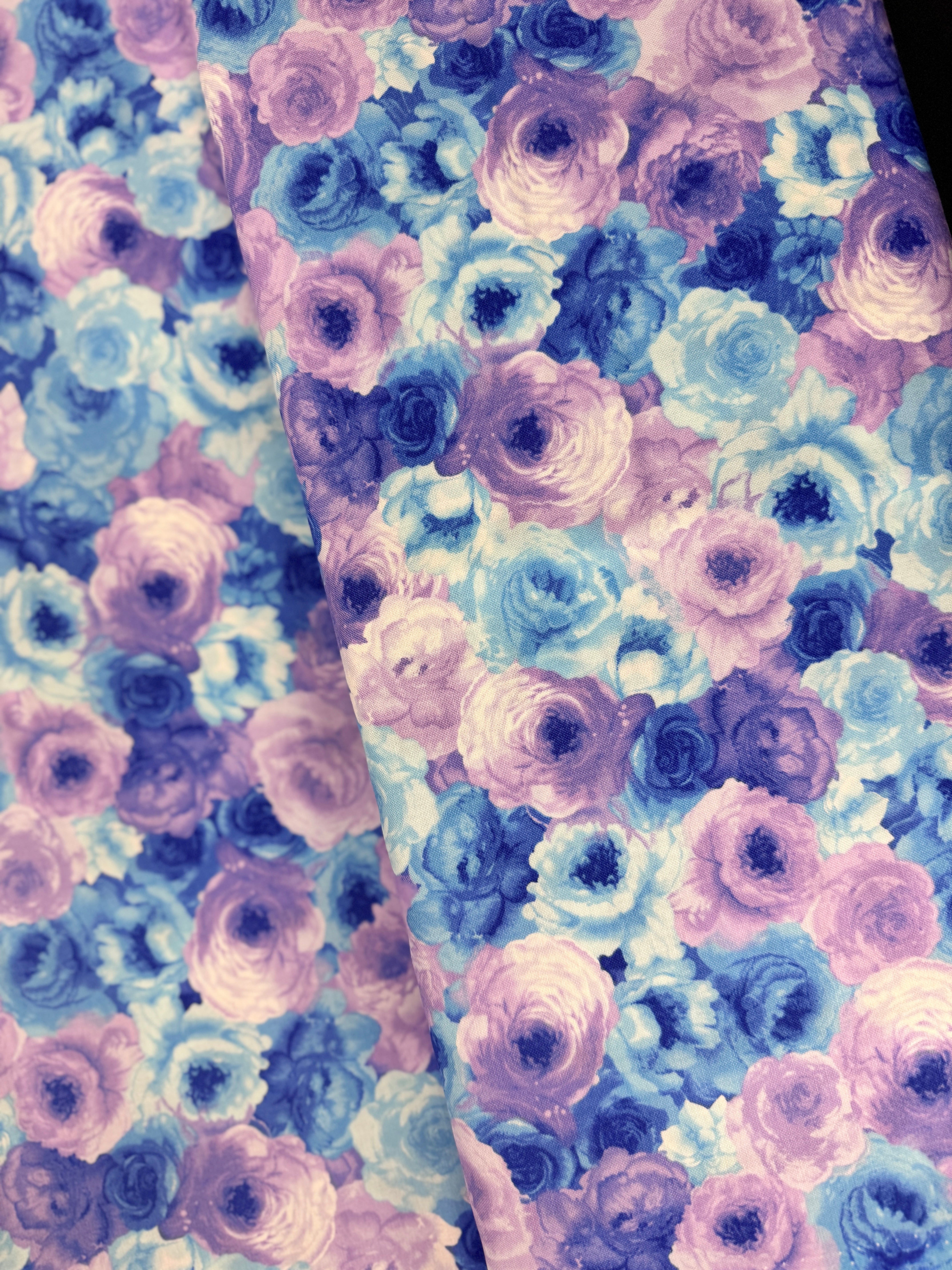 Rain Blossom - Packed Roses Blue Yardage