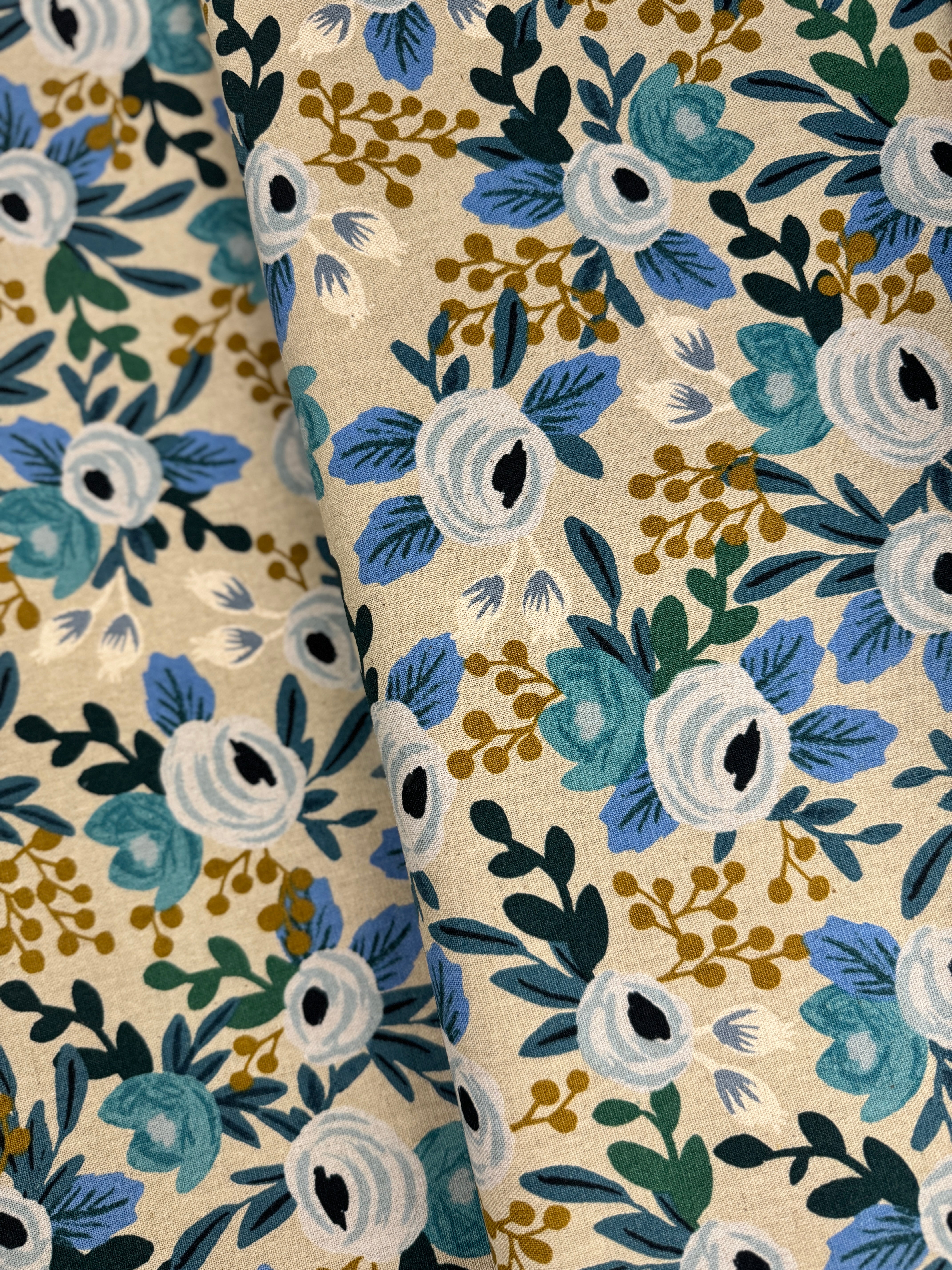 Garden Party - Rosa Blue Unbleached Canvas Yardage