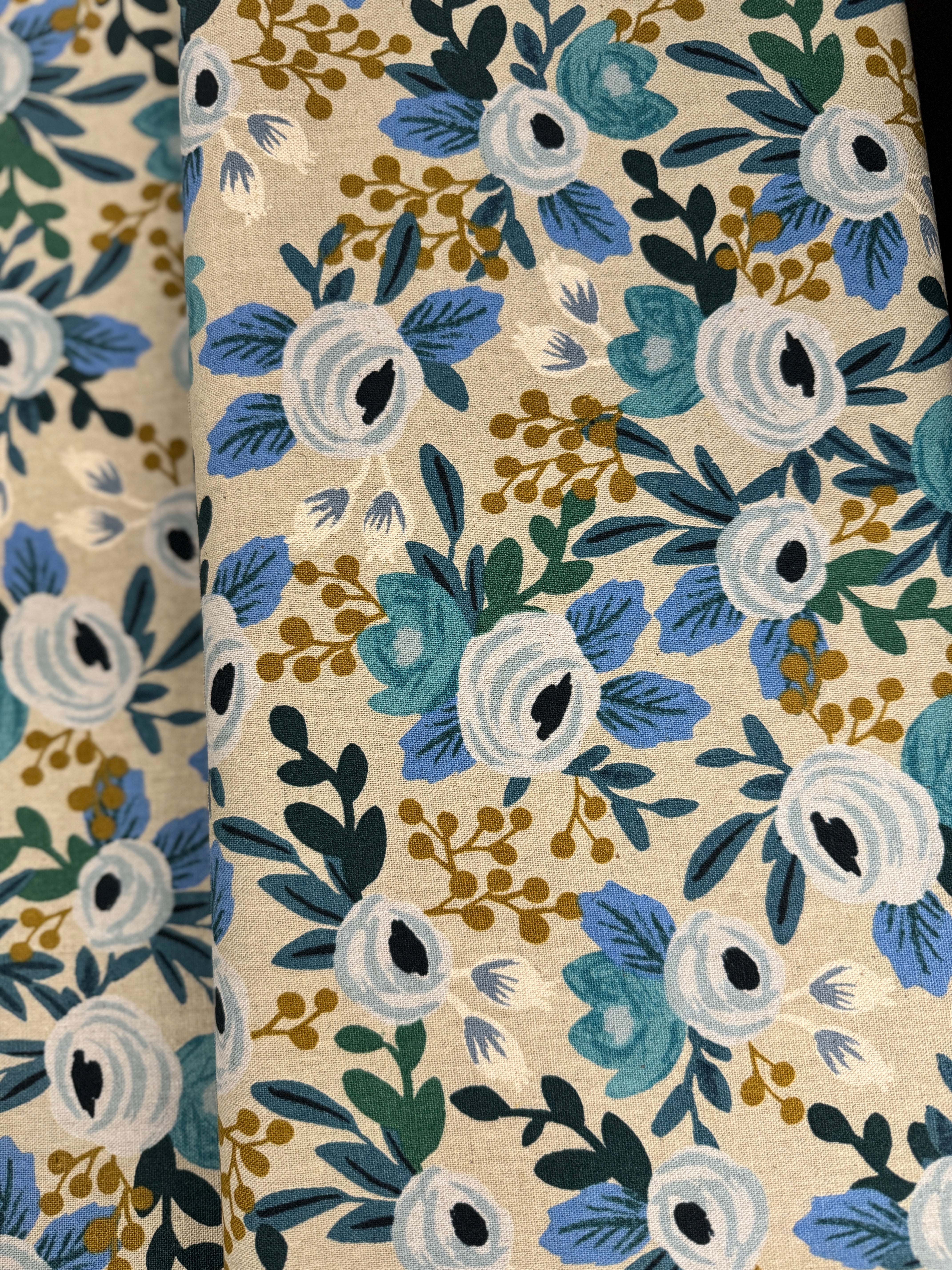 Garden Party - Rosa Blue Unbleached Canvas Yardage