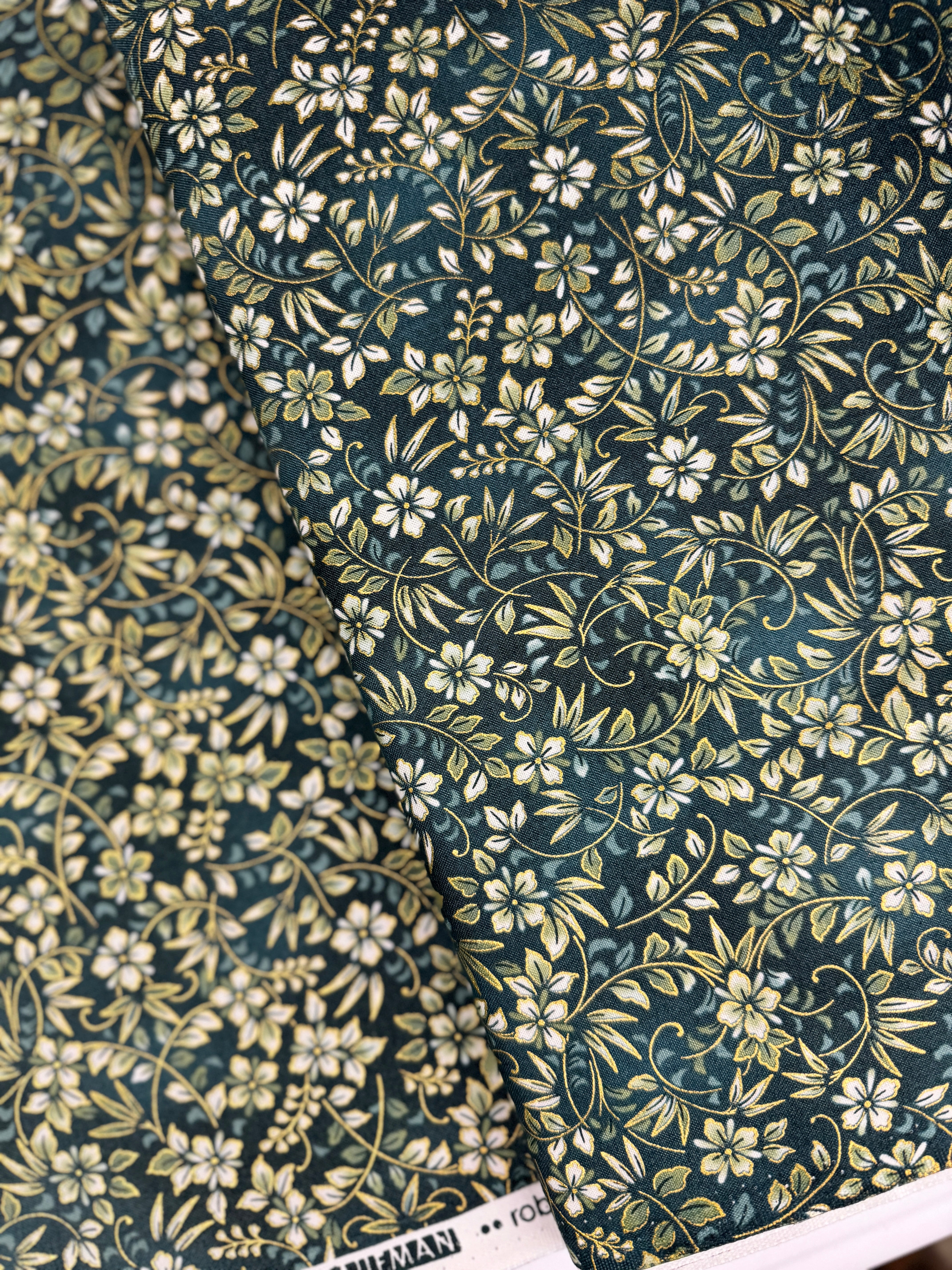 Imperial Collection: Honoka - Leafy Floral Teal Metallic Yardage