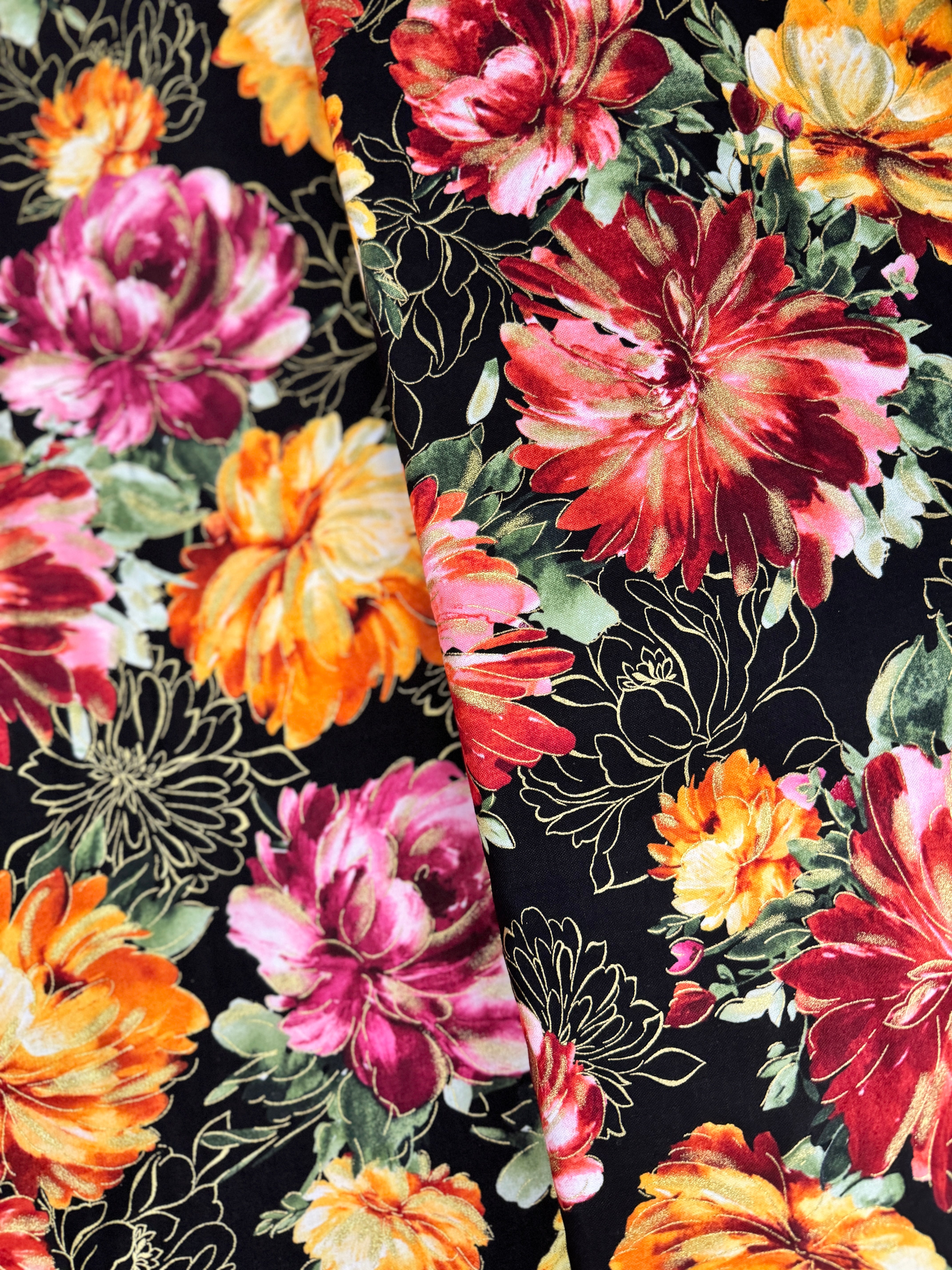 Felicity - Large Metallic Peonies on Black Yardage