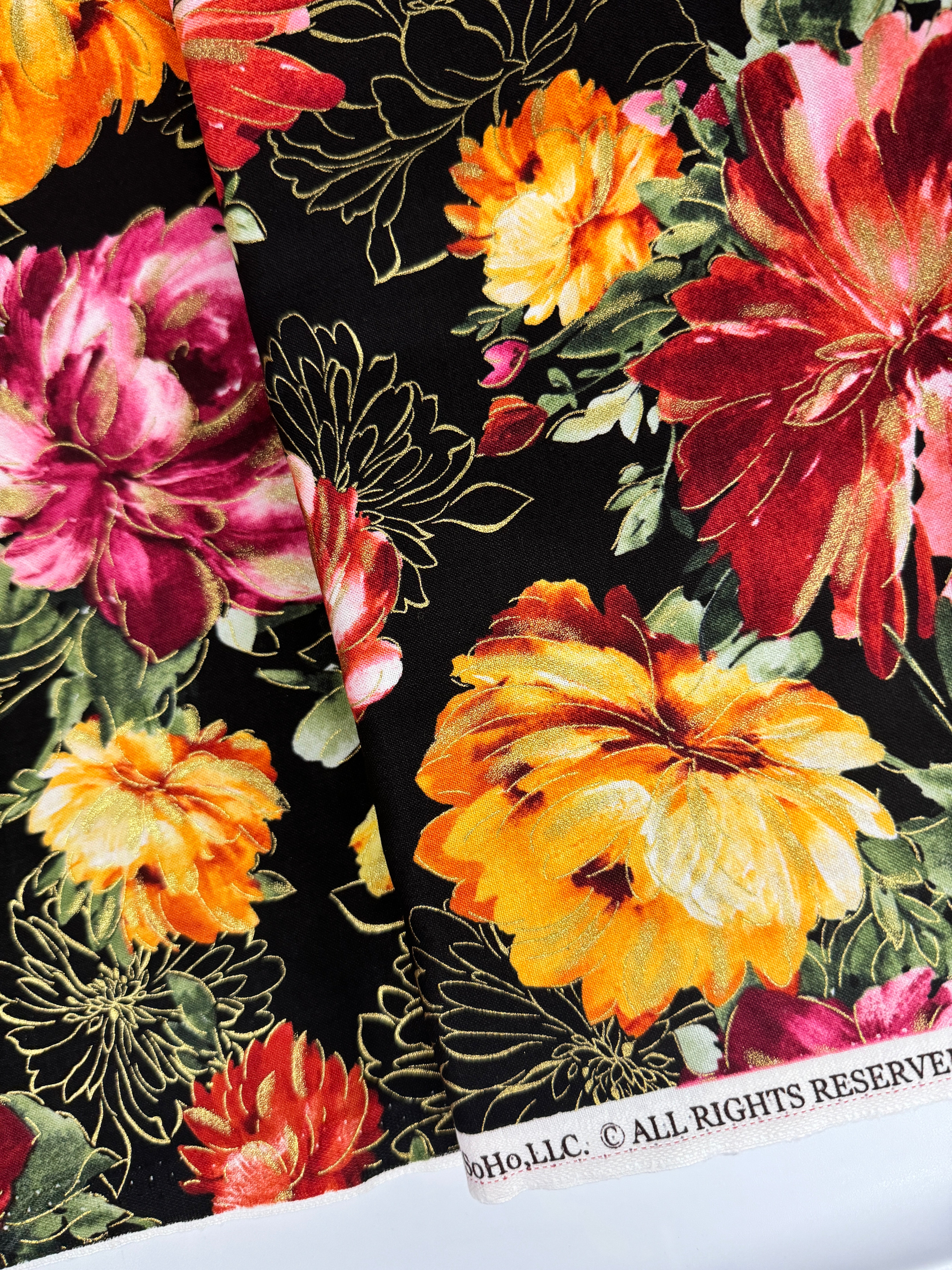 Felicity - Large Metallic Peonies on Black Yardage