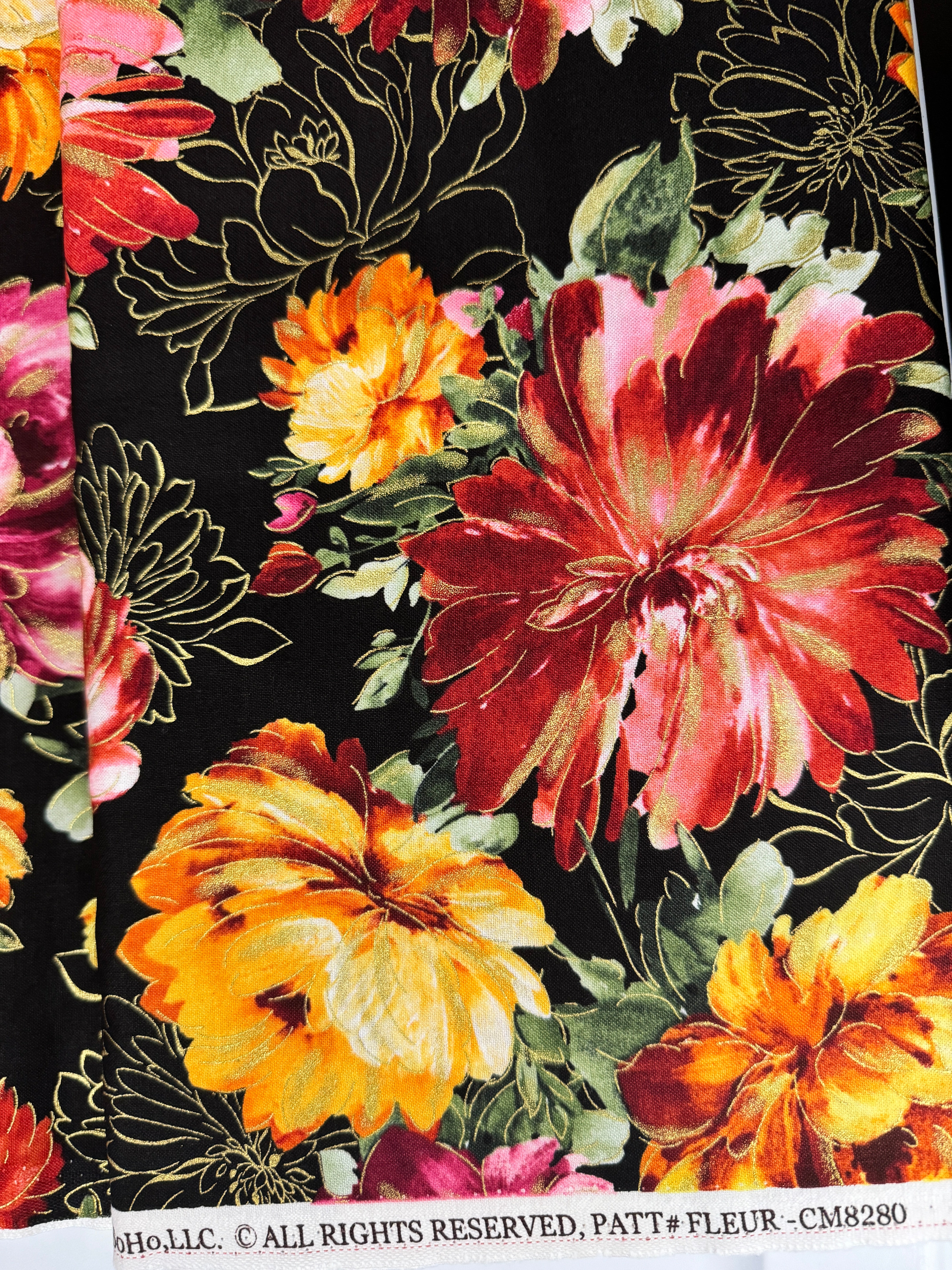 Felicity - Large Metallic Peonies on Black Yardage