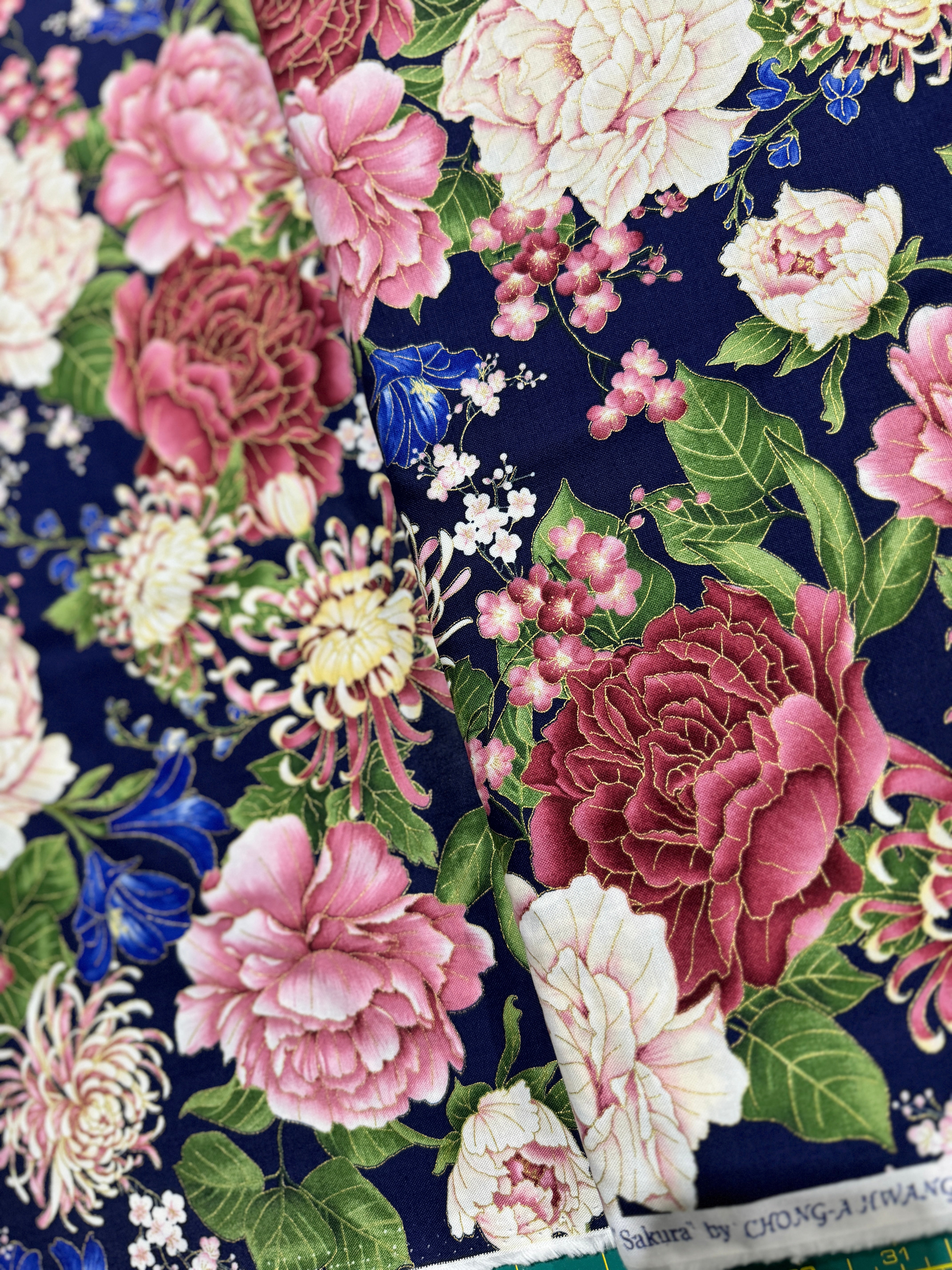 Sakura - Chrysanthemums and Peonies Navy Metallic Yardage