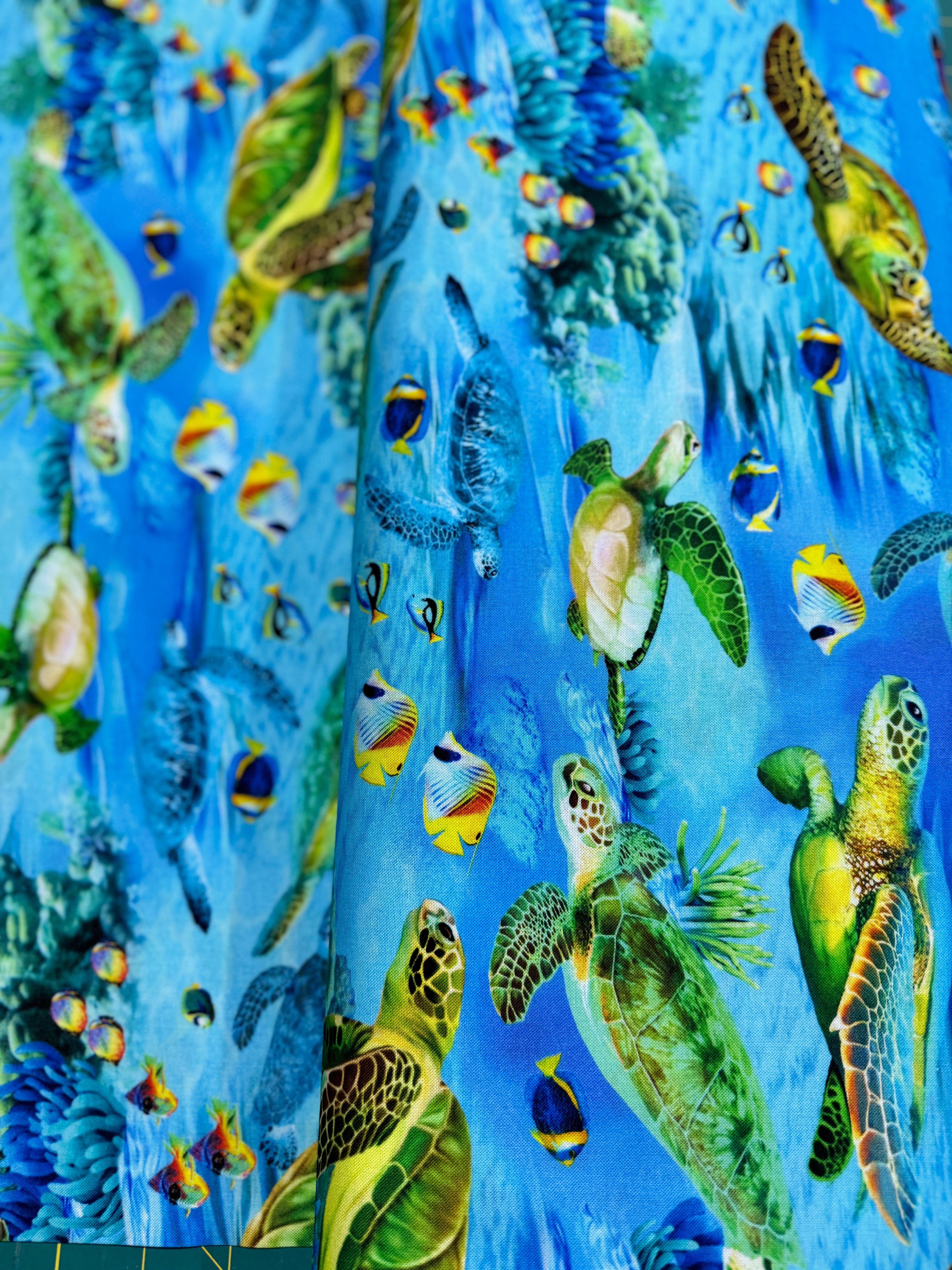 Deep Blue Sea - Realistic Sea Turtle And Sea Life Yardage