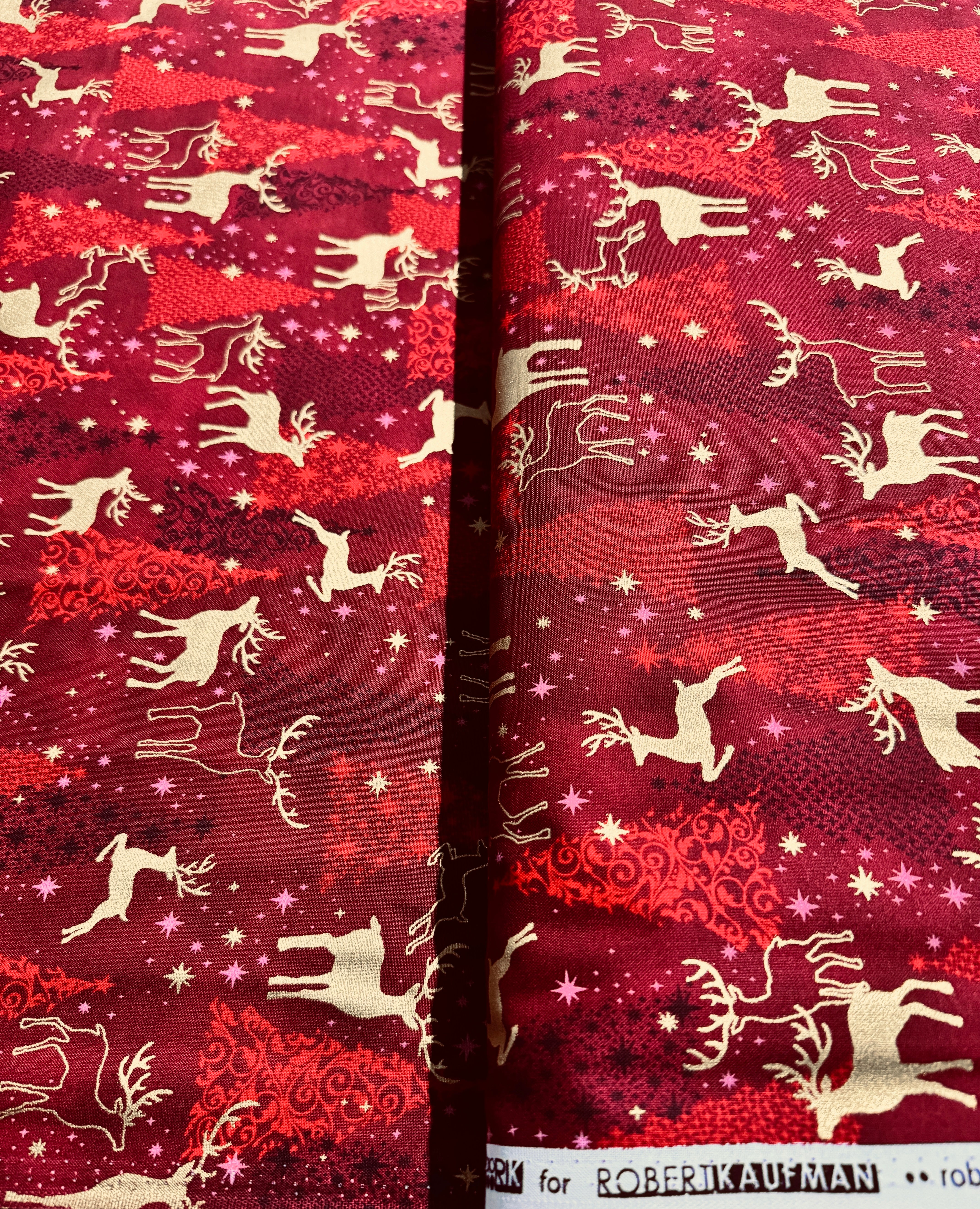 Traditional Trimmings - Gold Deer Silhouettes on Cranberry Yardage