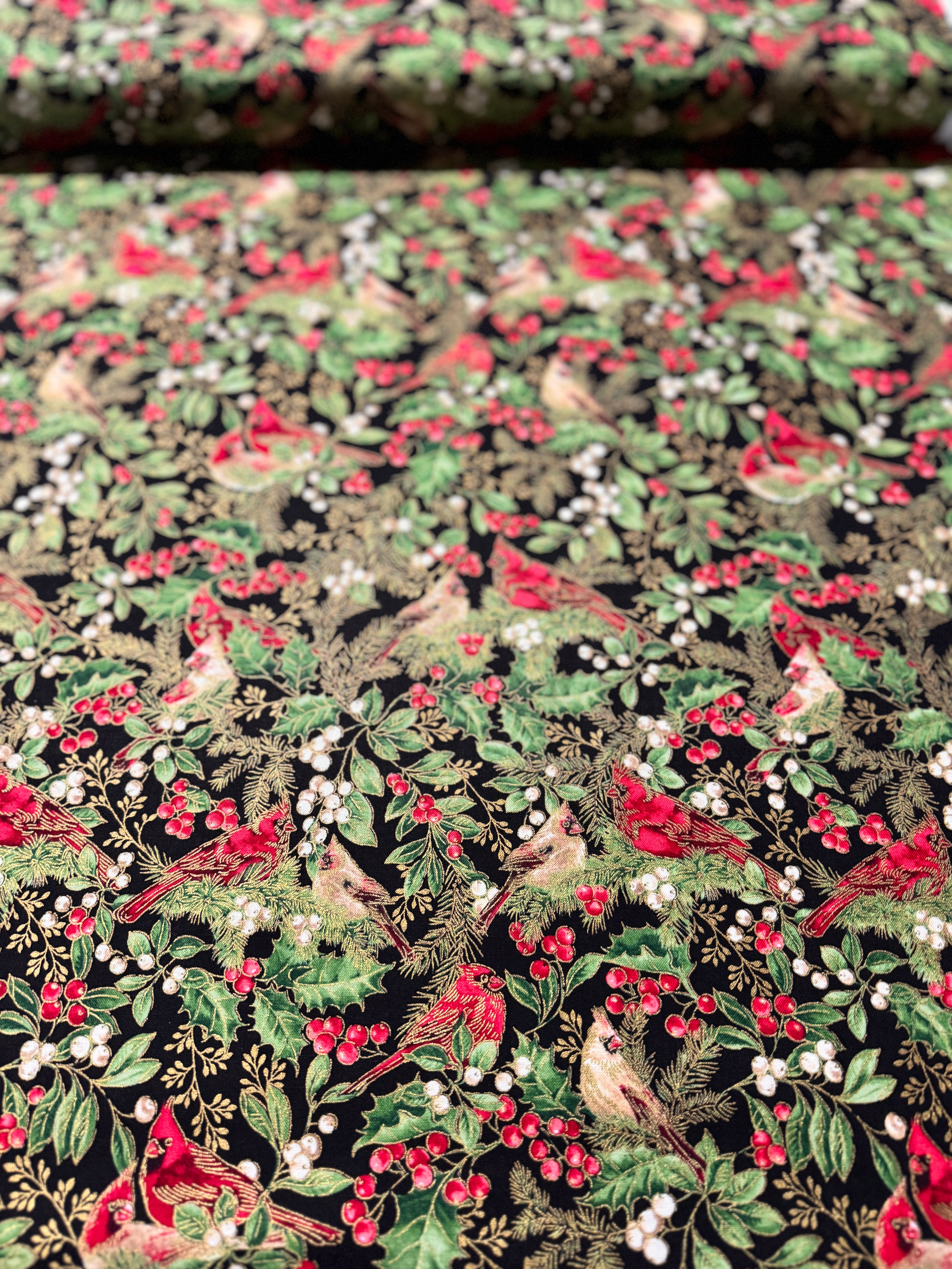 Deck The Halls - Christmas Magic - Cardinal On Branches Black Metallic Yardage