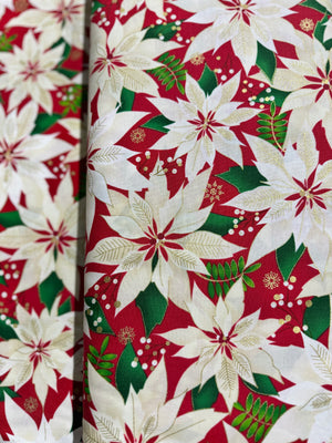 Merry & Bright - Elegant Poinsettias Red/Gold Metallic Yardage