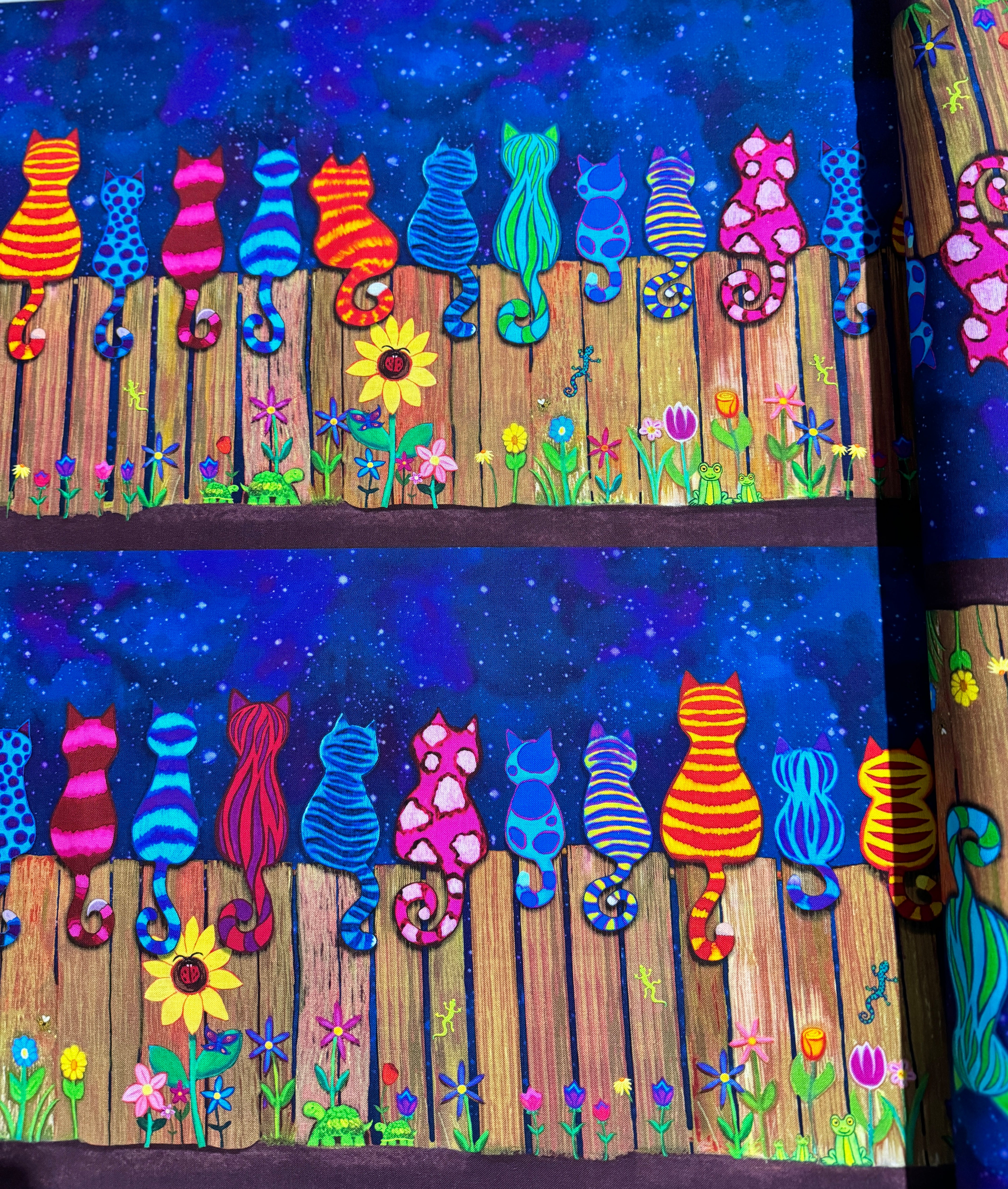 Star Gazing - Colorful Cats On A Fence 11" Stripe Yardage