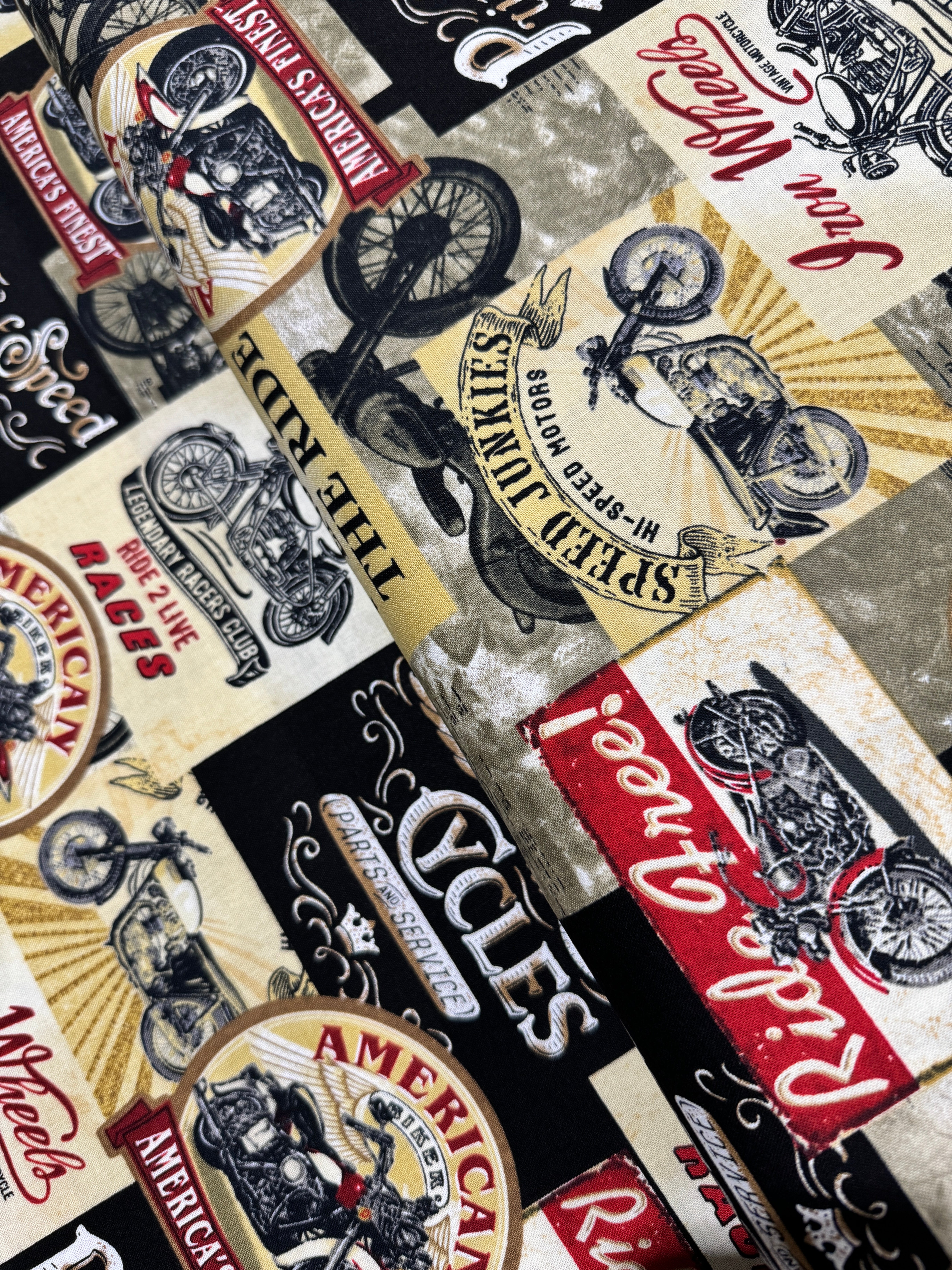 Enjoy The Ride - Packed Vintage Motorcycle Signs Yardage