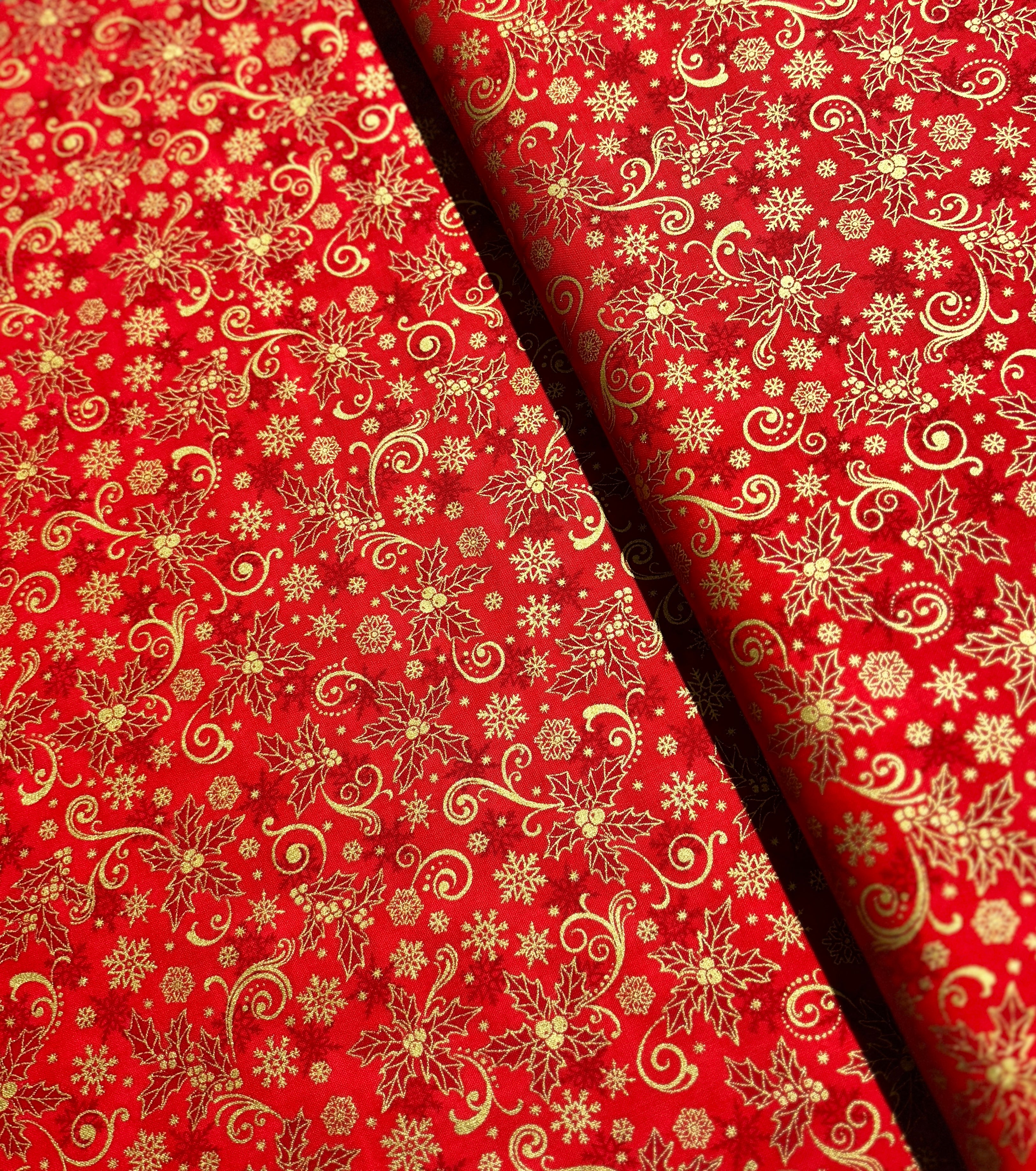 Traditional Trimmings - Gold Swirls Snowflakes on Red - Remnant