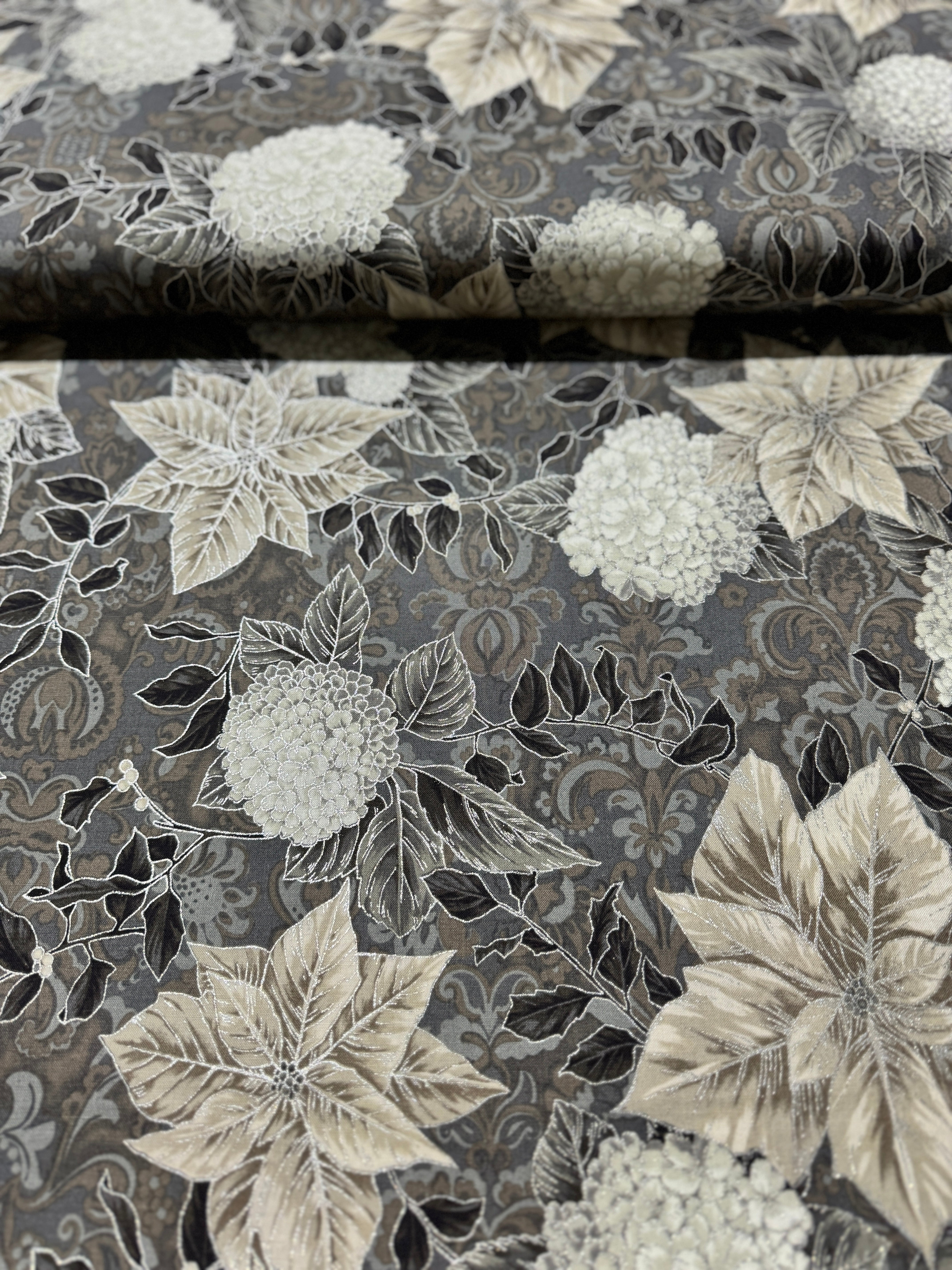 Holiday Flourish-Snow flower - Poinsettia Blooms Pewter Silver Metallic Yardage