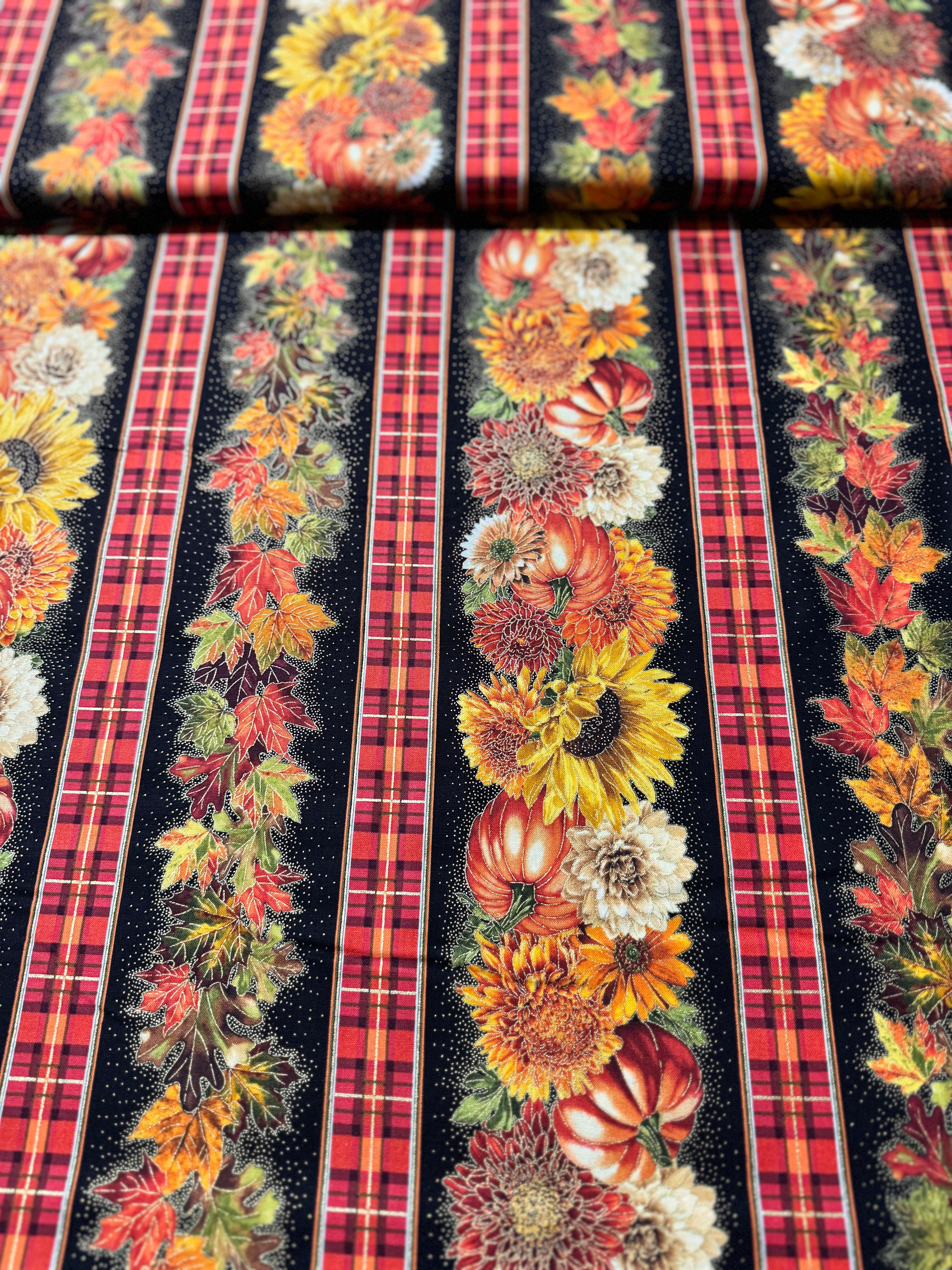 Autumn Leaves - Mums and Leaves Metallic 11" Stripe Yardage