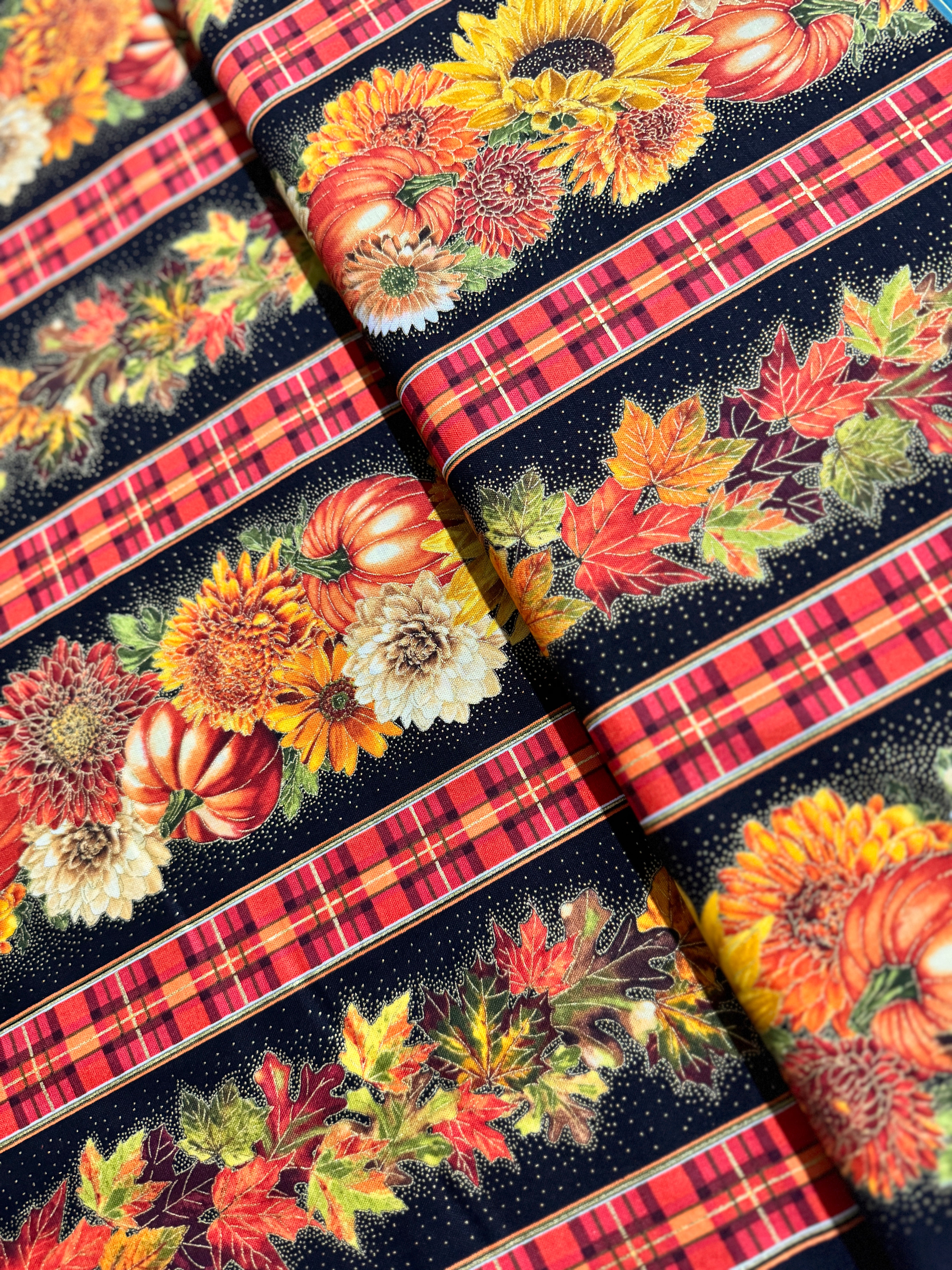 Autumn Leaves - Mums and Leaves Metallic 11" Stripe Yardage