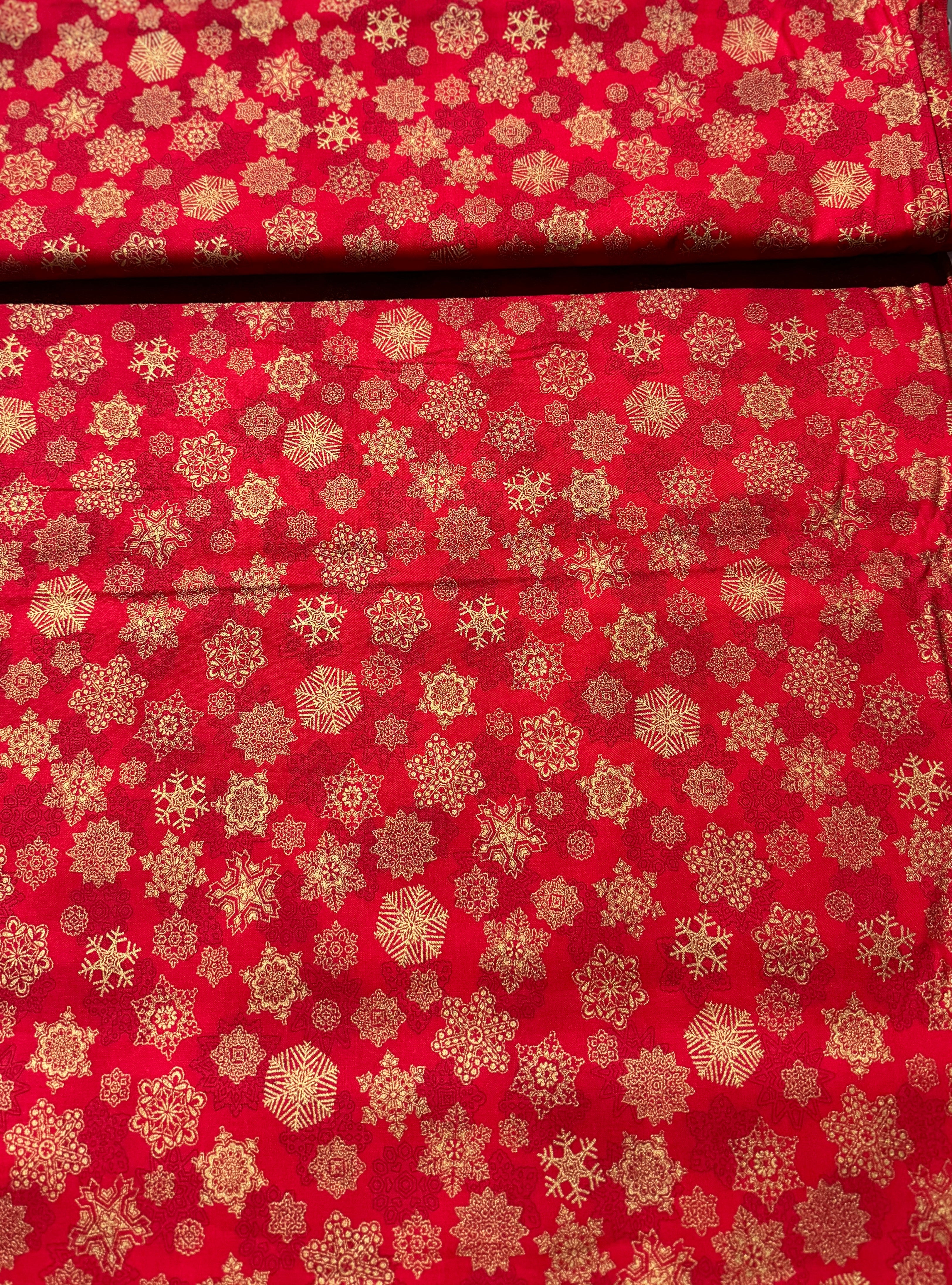 Holiday Flourish-Snow flower - Snowflakes Crimson Metallic Yardage